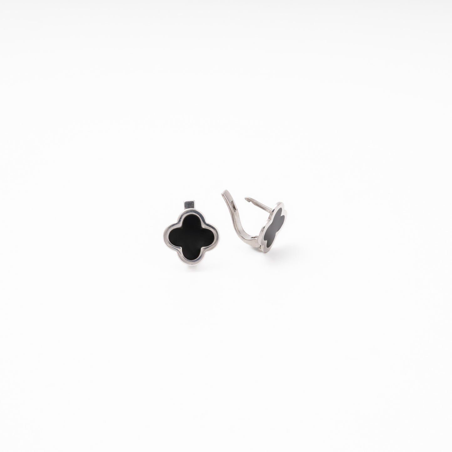 Silver 925 clover earrings angled view with black enamel — Kabluchka
