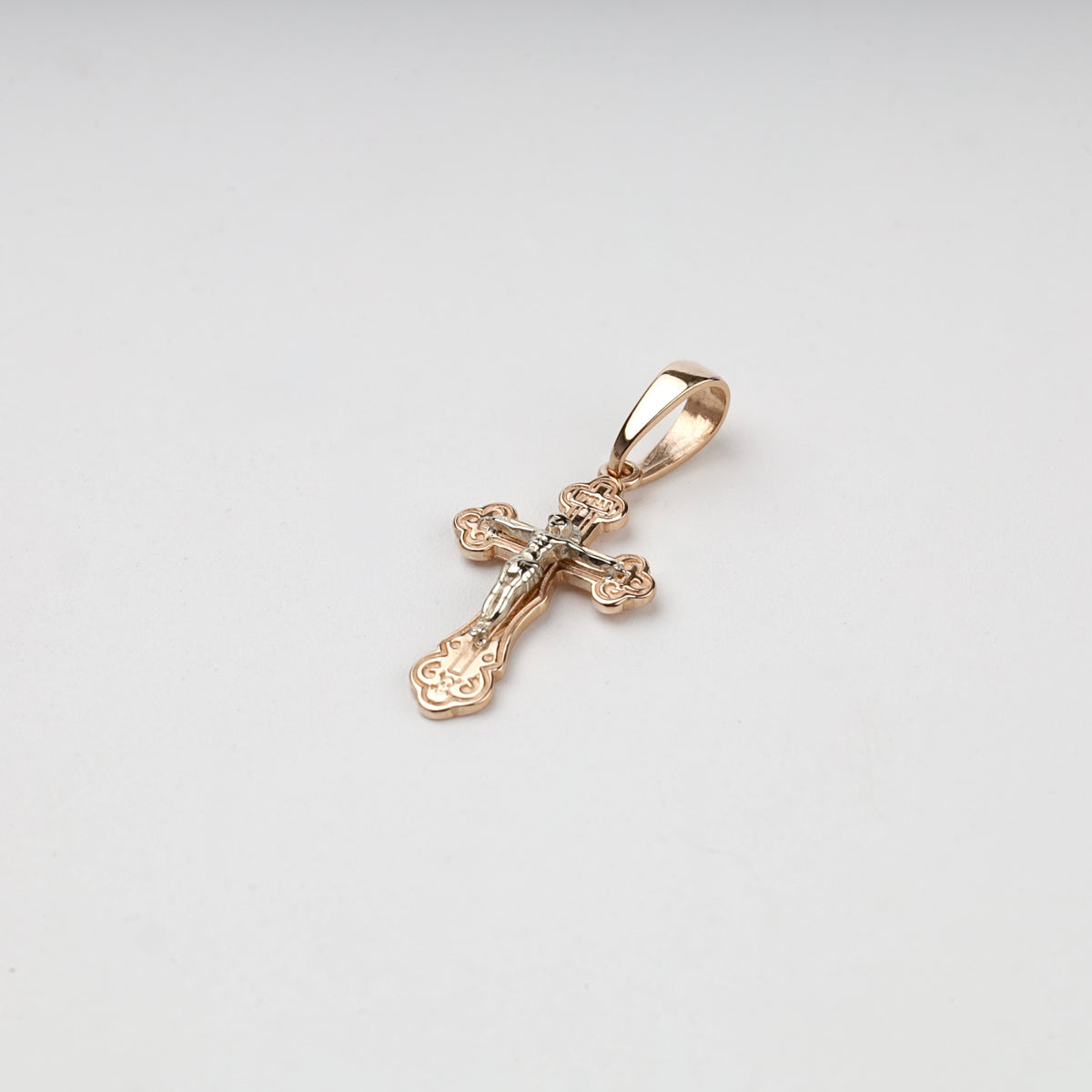 Two-Tone Gold 14K (585) Ornate Orthodox Crucifix Pendant, product view 6 — Kabluchka