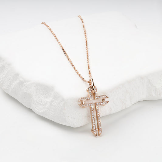 Rose Gold 14K (585) geometric cubic zirconia cross pendant, product view 4 — Kabluchka