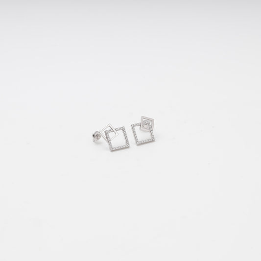White gold geometric double square earrings with cubic zirconia, front view — Kabluchka
