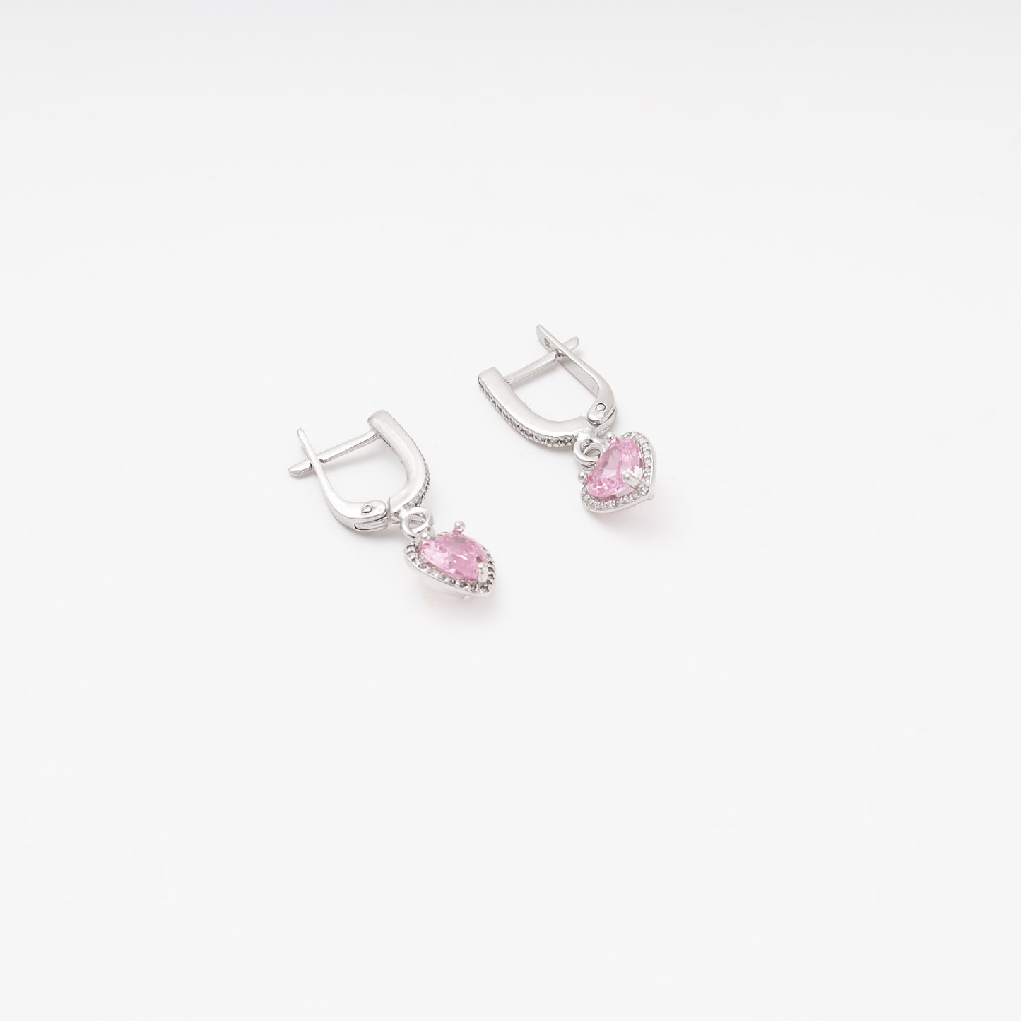 Silver 925 Drop Earrings with Pink CZ Heart Pendant — Kabluchka