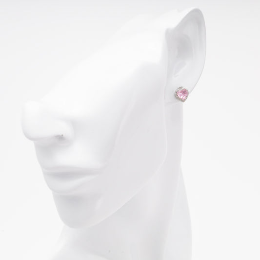 Silver 925 heart stud earring with pink cubic zirconia, worn — Kabluchka