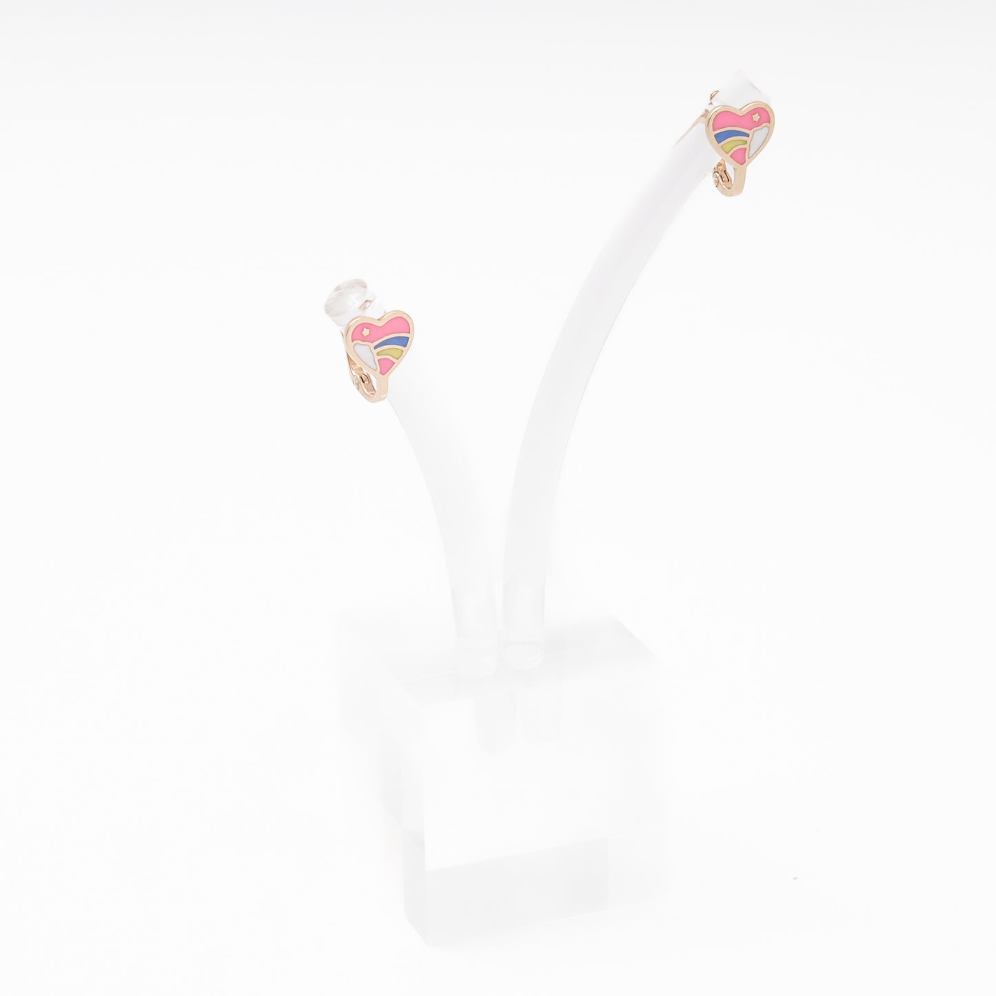 Children's rose gold heart earrings with rainbow enamel on display stand, another angle — Kabluchka