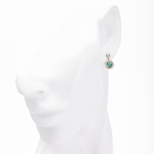 Rose gold drop earrings with green quartz halo worn on mannequin — Kabluchka