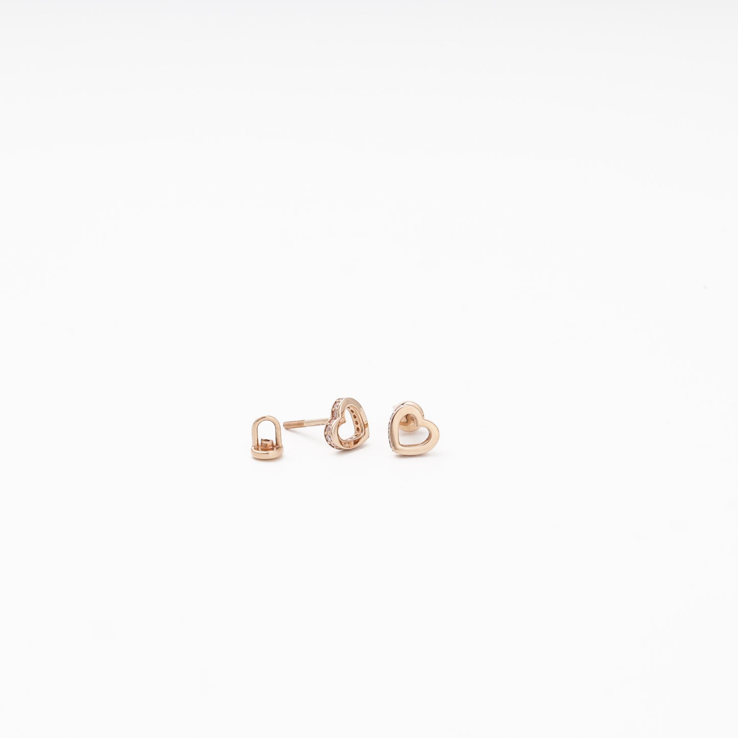 Rose Gold 585 Open Heart Stud Earrings with CZ — close-up — Kabluchka