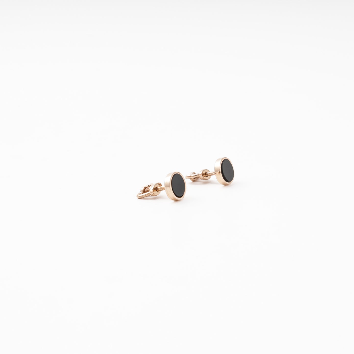 Rose Gold 585 14K Round Stud Earrings with Black Agate — Kabluchka