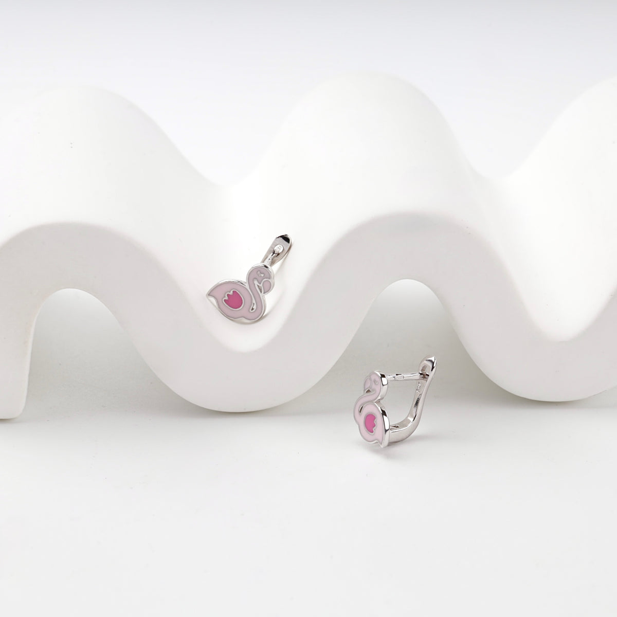 Pink enamel swan earrings display view — Kabluchka