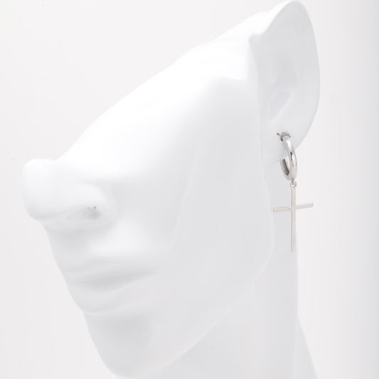 Silver 925 cross huggie hoop earring shown on ear model — Kabluchka