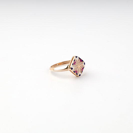 Rose Gold 14K navy purple and white enamel ring, angled view