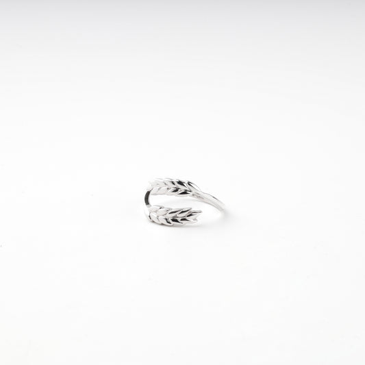 White Gold 14K wheat motif bypass ring, angled view