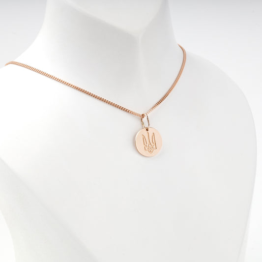 Rose Gold 14K Ukrainian Trident medallion pendant, angled view