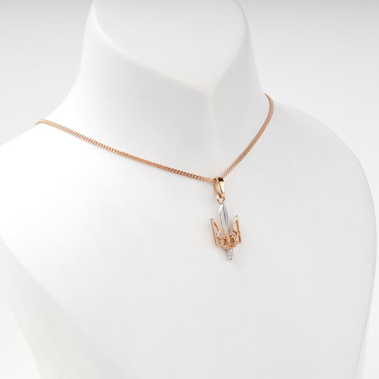 Two-tone Gold 14K Trident sword pendant, angled view