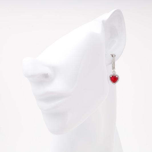 Silver 925 red heart drop earrings with CZ halo — view 3 — Kabluchka