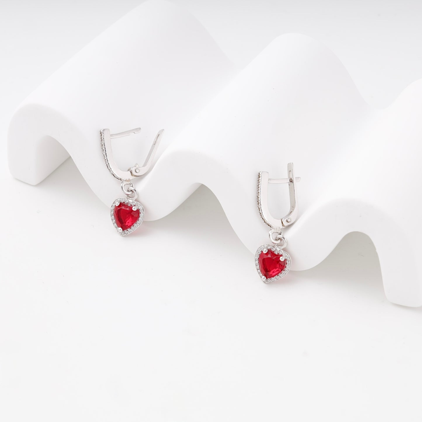 Silver 925 red heart drop earrings with CZ halo — view 4 — Kabluchka