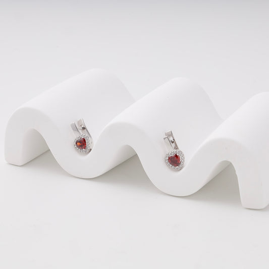 Silver 925 red heart cubic zirconia halo earrings, angled view — Kabluchka