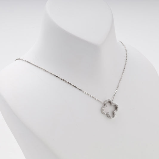 Silver 925 open clover cubic zirconia necklace, angled view — Kabluchka
