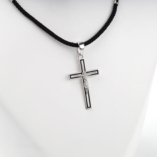 Silver 925 black enamel crucifix pendant, angled view