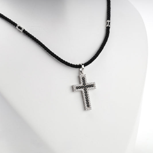 Rhodium-plated silver black and clear cubic zirconia cross pendant — view 2 — Kabluchka
