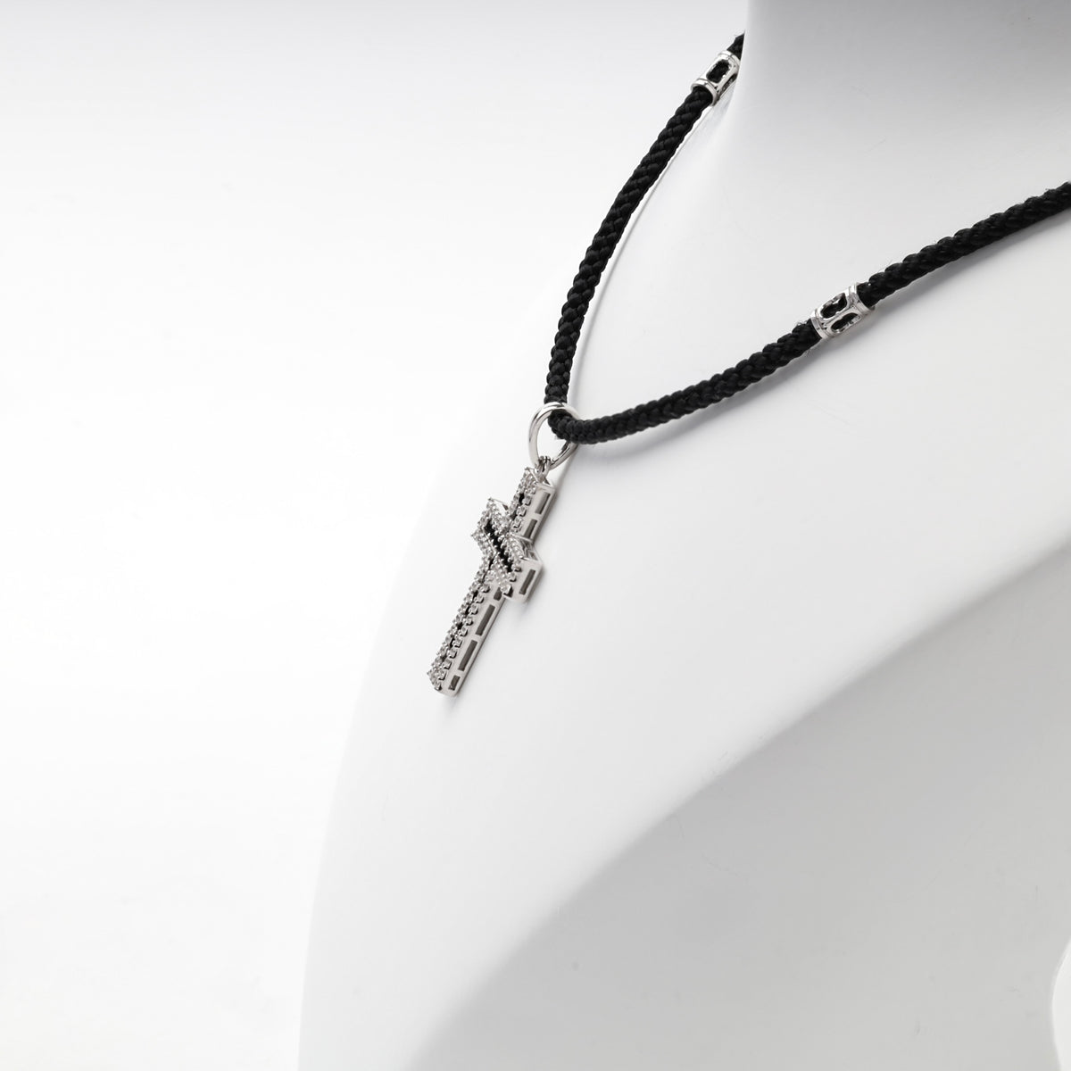 Rhodium-plated silver black and clear cubic zirconia cross pendant — view 5 — Kabluchka