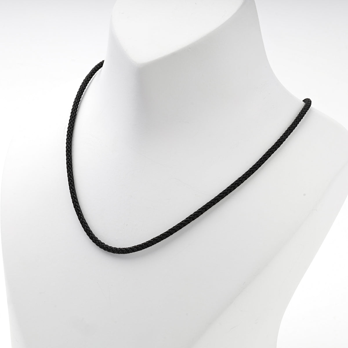 Black braided cord necklace with silver 925 clasp, full-length view