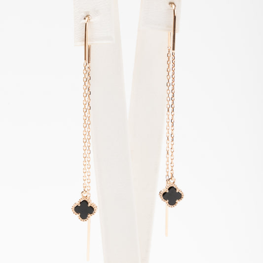 Gold threader earrings four-leaf clover onyx 585 | Kabluchka