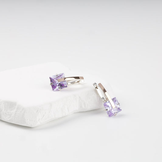 Purple cubic zirconia drop earrings — angled display — Kabluchka