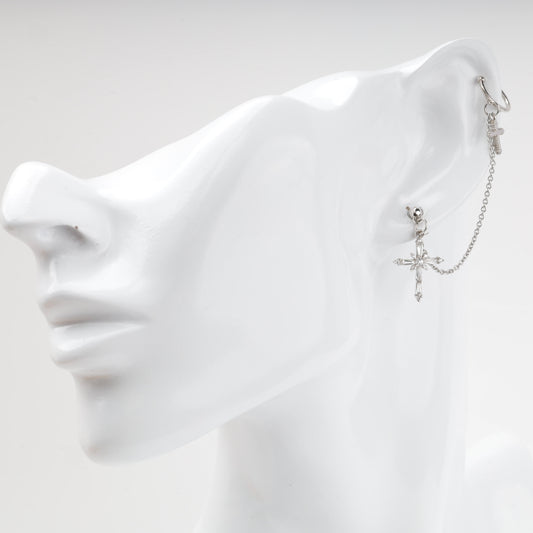 Cross ear cuff chain earring shown worn on the ear — Kabluchka