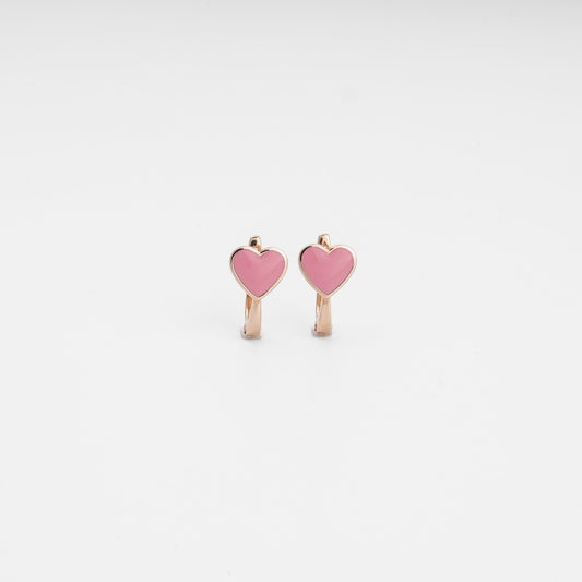 Rose gold 585 children's heart earrings with pink enamel, English lock clasp