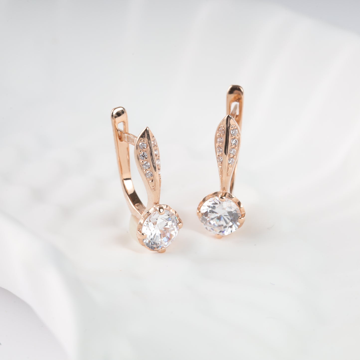 Rose gold 585 CZ drop earrings another angle - Kabluchka