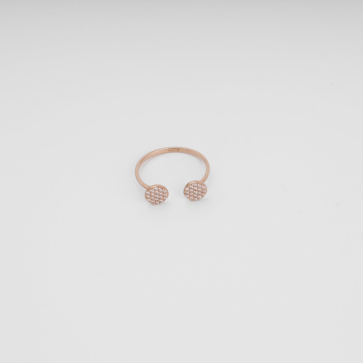 Rose gold open disc ring side angle showing pave stones - Kabluchka