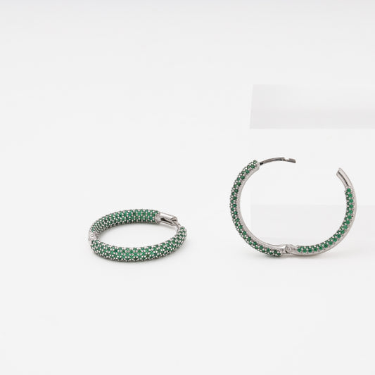 Silver 925 Rhodium Large Hoop Earrings Green CZ flat lay — Kabluchka