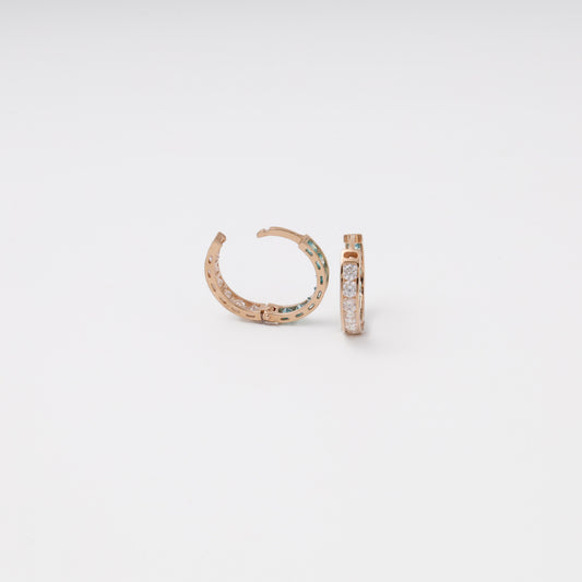 Rose gold two-color cubic zirconia huggie earrings — open closure view — Kabluchka