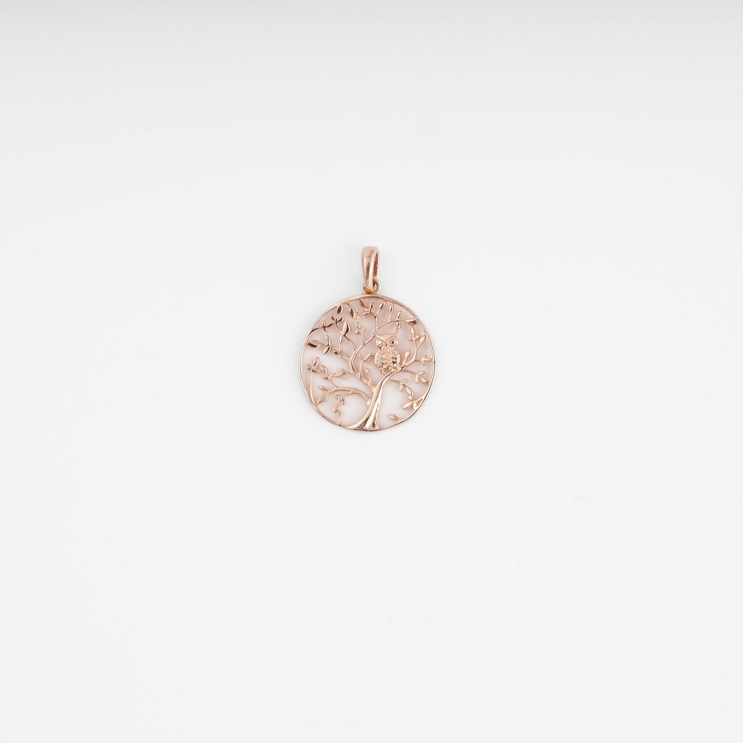Rose gold 14k gold round tree of life pendant with bird motif on white background, Ukrainian Jewelry, delicate gold necklace charm.