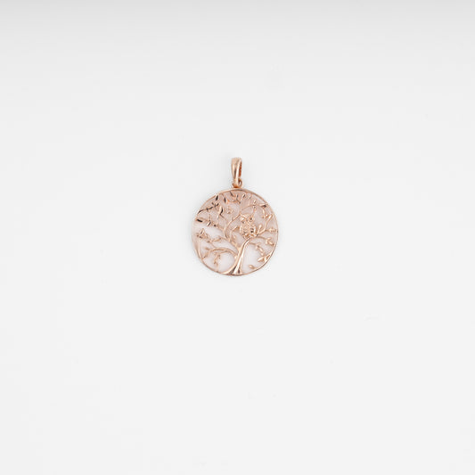 Rose gold 14k gold round tree of life pendant with bird motif on white background, Ukrainian Jewelry, delicate gold necklace charm.