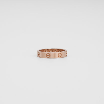 14k gold rose band ring with screw motif design on white background, Ukrainian Jewelry, minimalist gold ring, stacking wedding band.