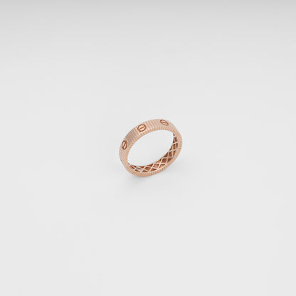 Rose gold 14k gold ring with engraved screw motif on white background, minimalist band Ukrainian Jewelry, wedding ring gift.