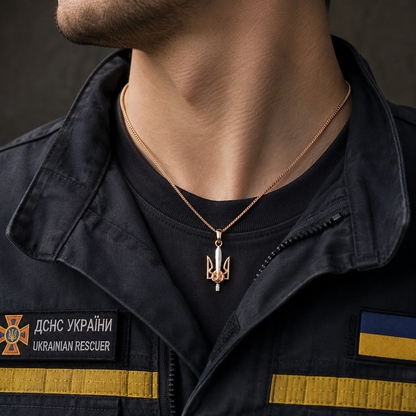 Trident and sword Courage pendant styled on a man