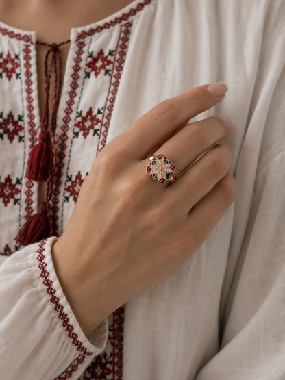 Multicolor enamel Ukrainian ornament ring styled on a hand