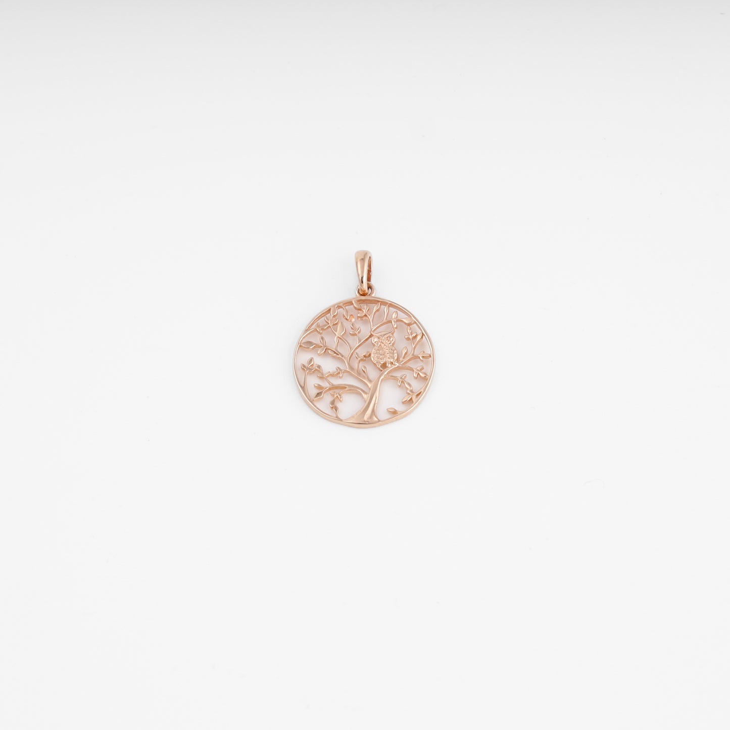 Rose gold tree of life owl 14k gold pendant necklace on white background, Ukrainian Jewelry, delicate gold charm gift.