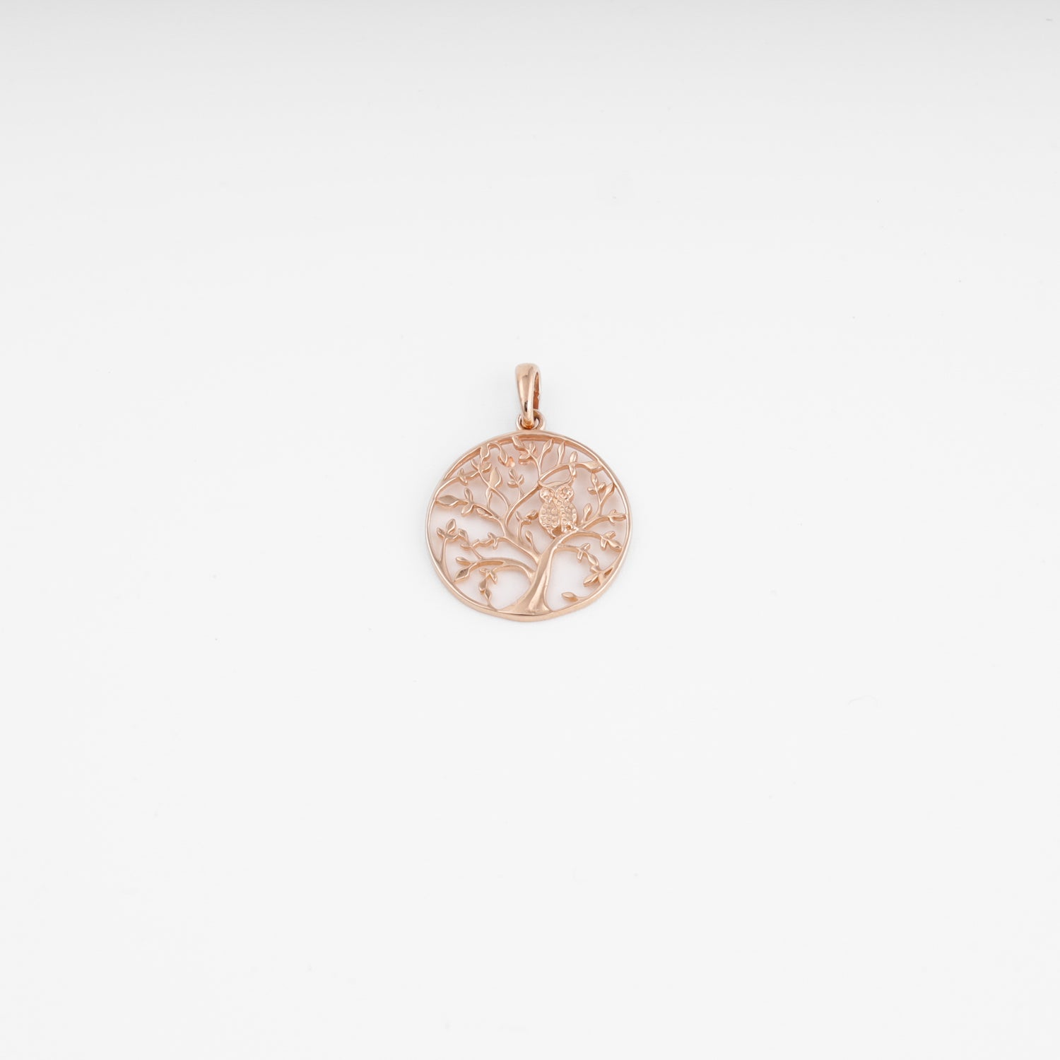 Rose gold tree of life owl 14k gold pendant necklace on white background, Ukrainian Jewelry, delicate gold charm gift.