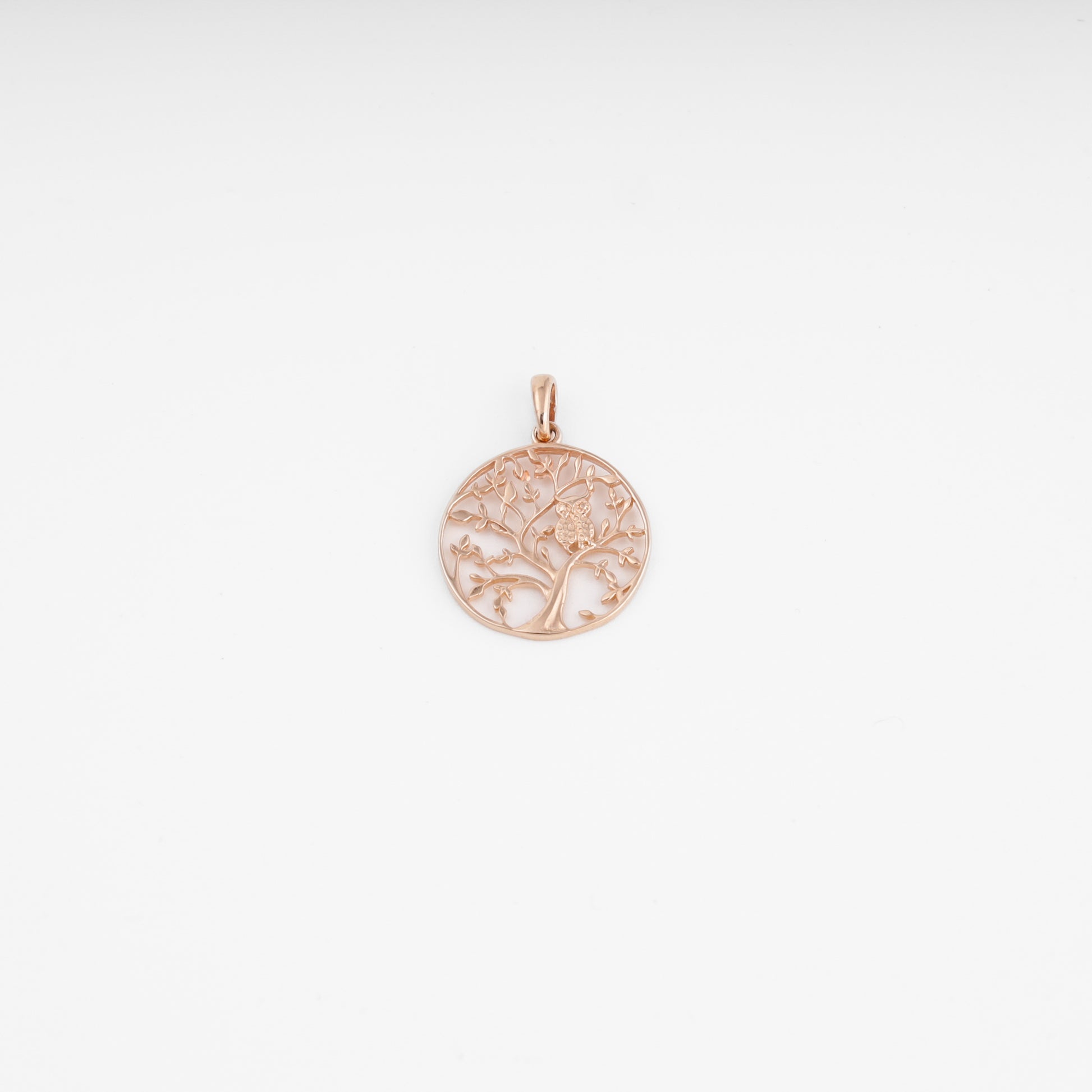 Rose gold tree of life owl 14k gold pendant necklace on white background, Ukrainian Jewelry, delicate gold charm gift.