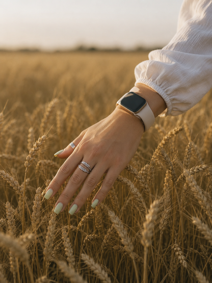 White gold wheat motif open ring styled on a hand