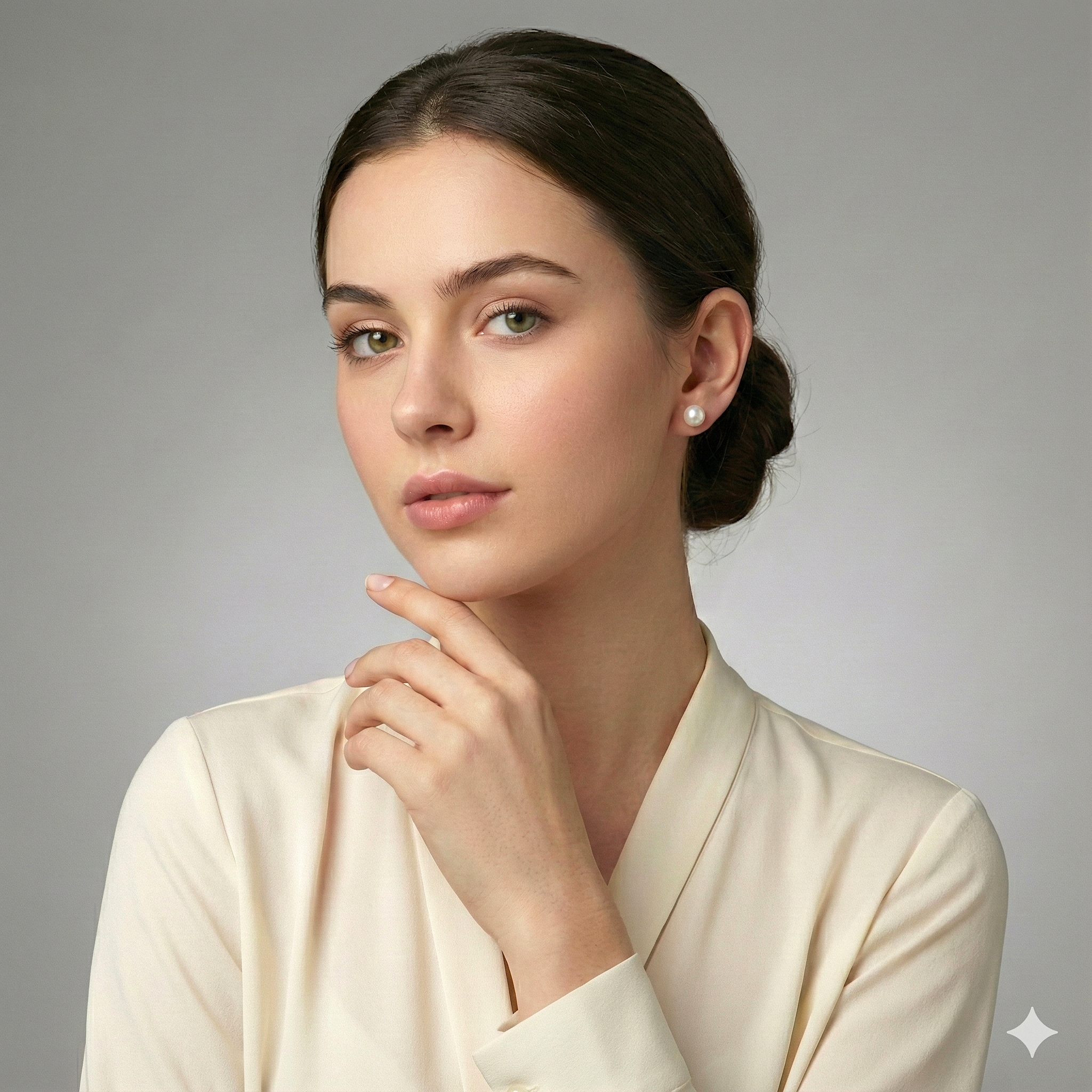 Woman wearing a beige outfit against a gray background
