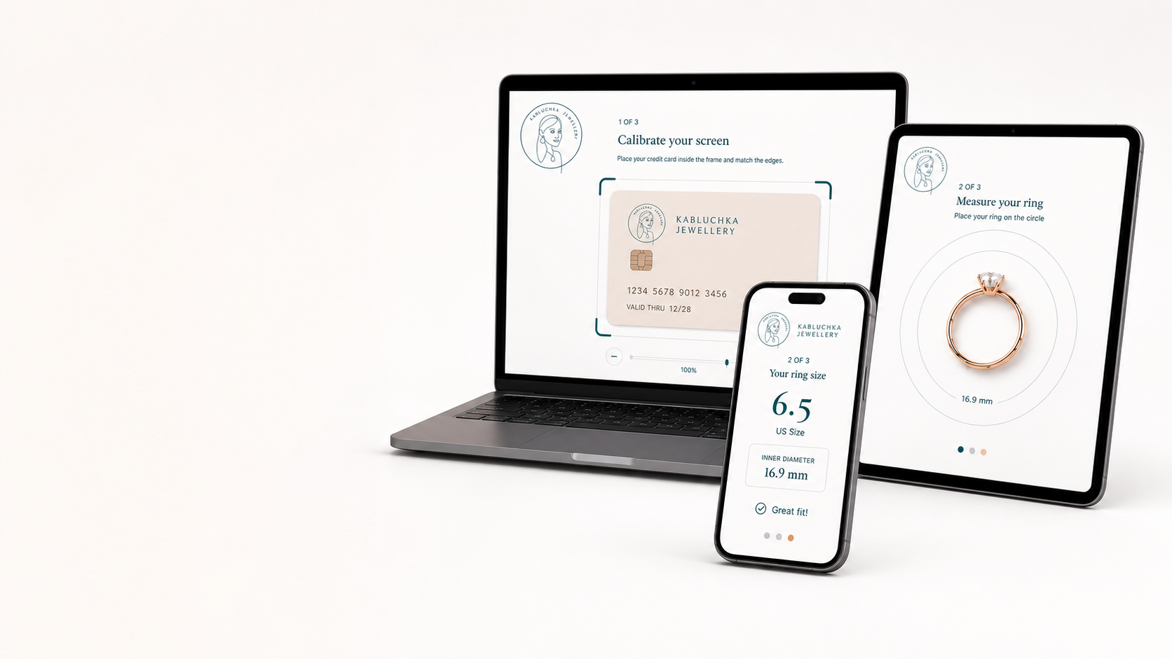 Kabluchka ring size tool on laptop, tablet and phone
