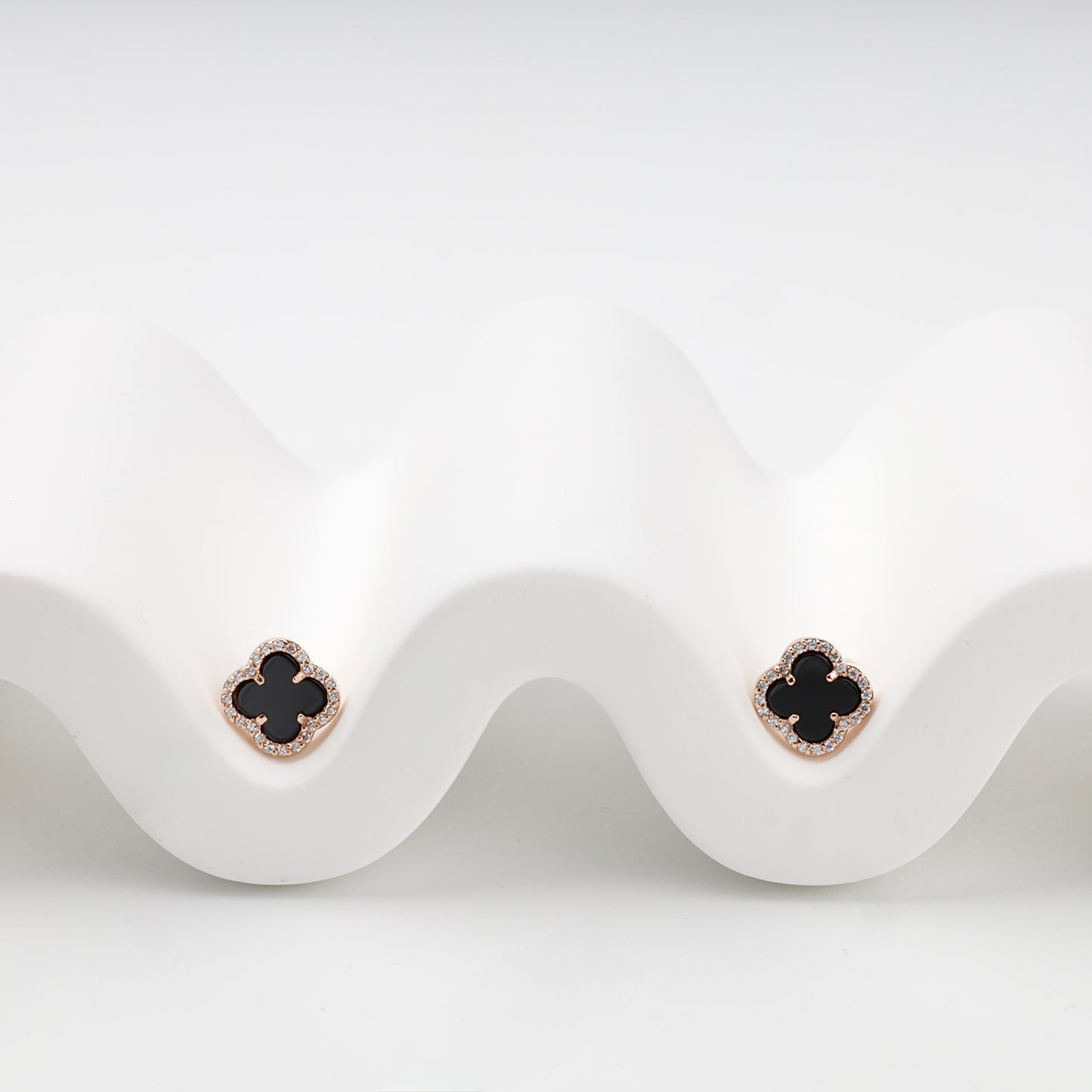 Rose Gold 14K black agate and cubic zirconia clover stud earrings — front view — Kabluchka