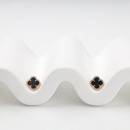 Rose Gold 14K black agate and cubic zirconia clover stud earrings — front view — Kabluchka