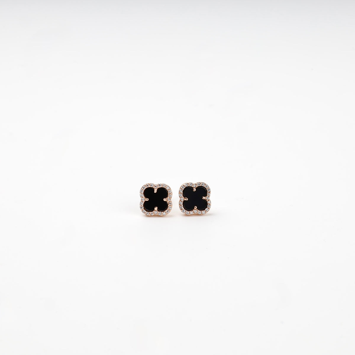 Black agate and cubic zirconia clover stud earrings — pair front view — Kabluchka