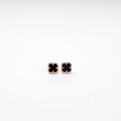 Black agate and cubic zirconia clover stud earrings — pair front view — Kabluchka