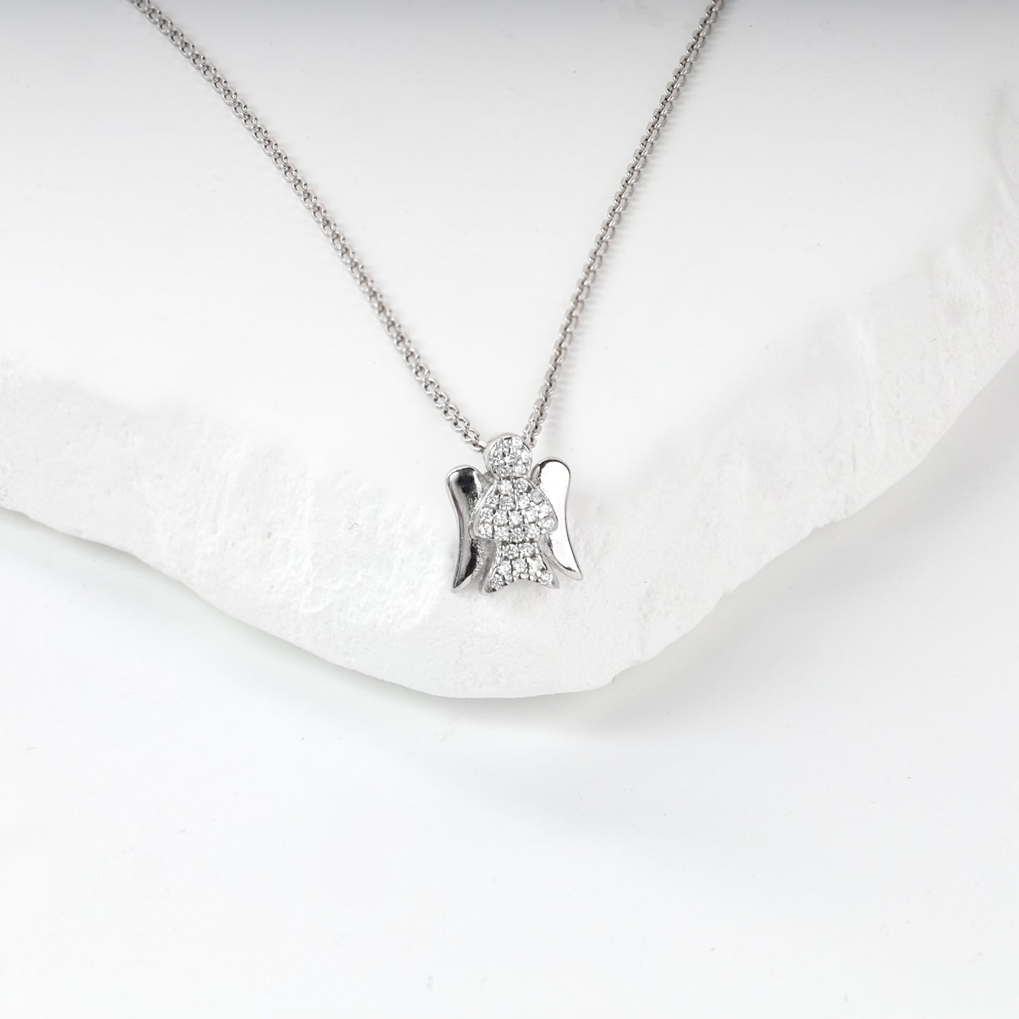 Rhodium-plated Silver 925 zirconia Guardian Angel pendant, product view 2 — Kabluchka