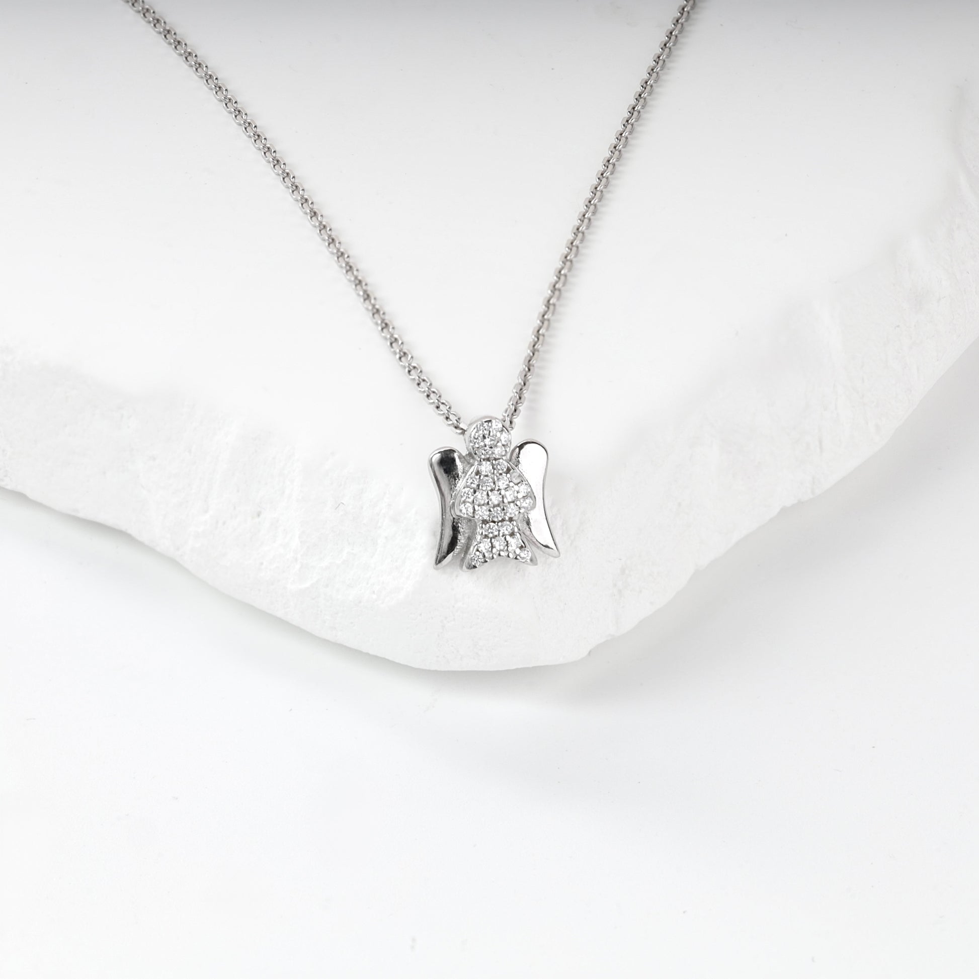 Rhodium-plated Silver 925 zirconia Guardian Angel pendant, product view 2 — Kabluchka